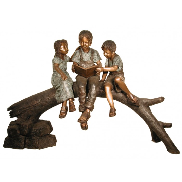 Three kids reading on log